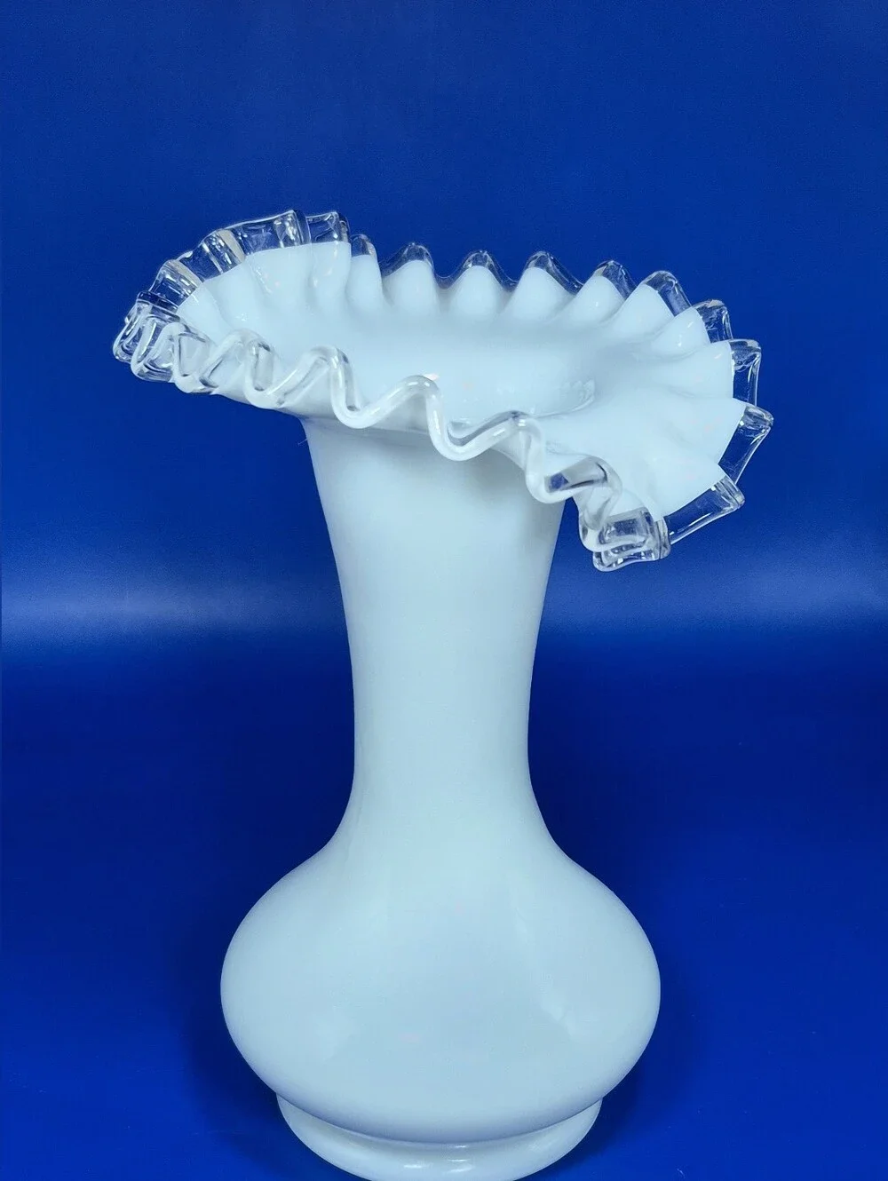 Vintage Fenton Silver Crest Milk Glass Ruffled Vase
